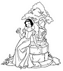 dla kolorowanka do wydruku z bajki Disney Królewna Śnieżka -  dziewczynka siedzi na cembrowinie leśniej studni, w ręku trzyma malutkiego ptaszka